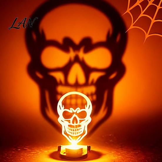 Halloween Tealight Base Wooden Candle Holder Ornaments, Decorative Cat/Pumpkin/ Ghost/Skull Projection Theme Light Stand, Creative Tabletop