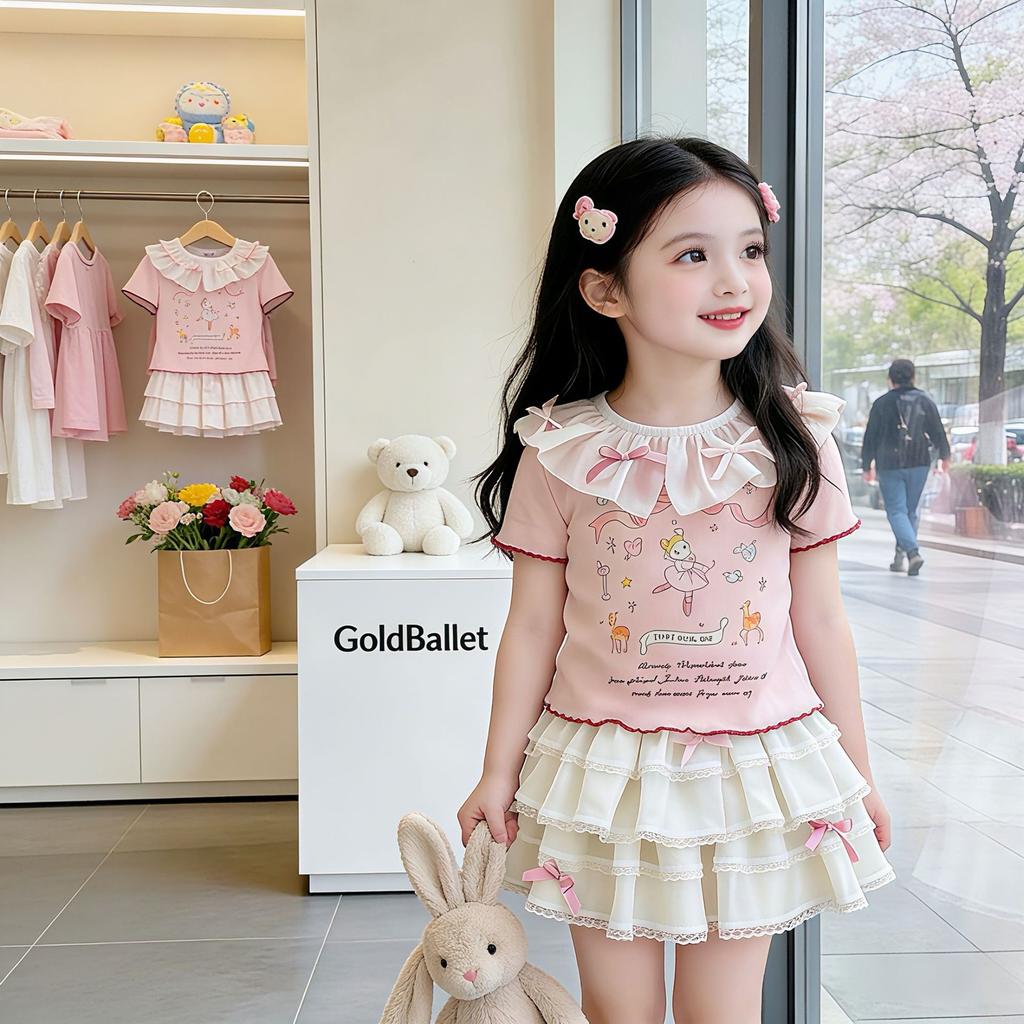 Zomeroutfit voor Meisjes Korte Mouw Strik Gelaagde Taart Rok Set