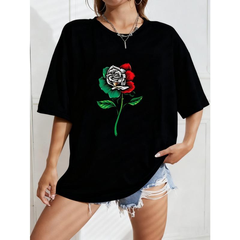 White Oversized T-Shirt With Rose Flower Print For Casual Wear