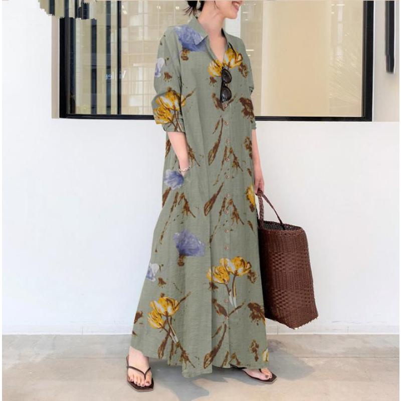 2025 New Cotton Linen Floral Collared Long Sleeve Pocketed Loose Casual Long Cardigan Dress with Flared Skirt Twist Color Lapel Pocket Simple