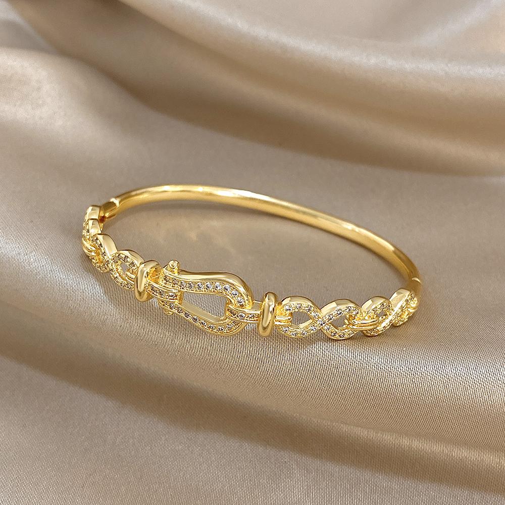Luxury Gold Plated Inlaid Zircon Irregular Bracelet for Women Elegant Horseshoe Buckle Infinite Symbol Open Bangle Jewelry Gift