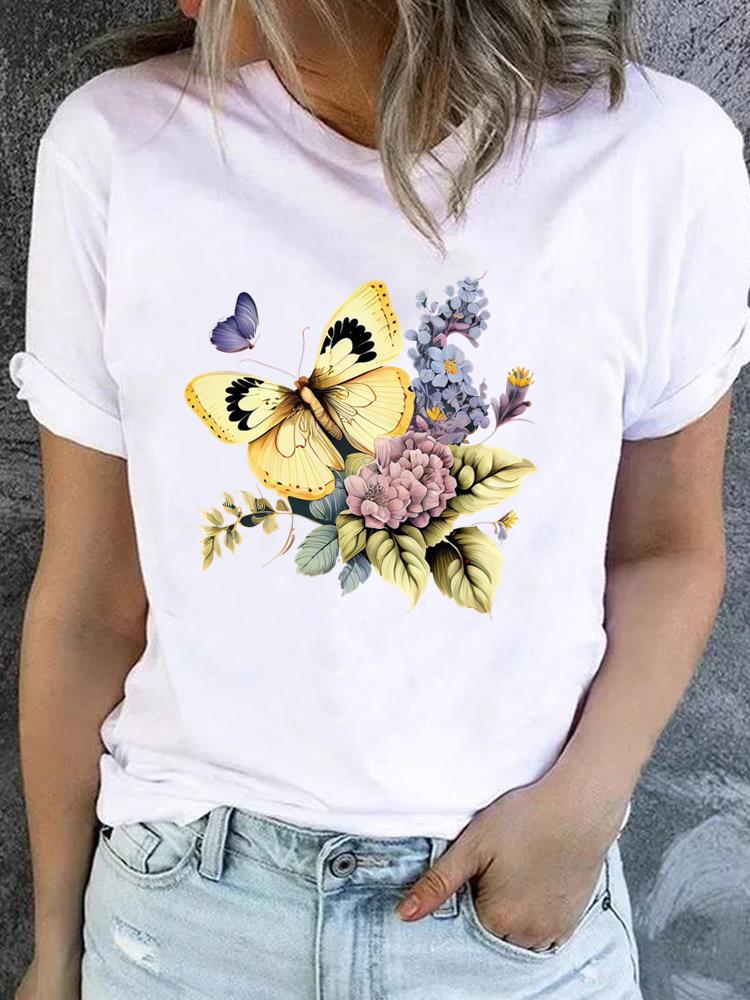 (Asian Size) Clothing Lady o-neck watercolor love style Short Sleeve T-shirts Printed Female Top Casual T Shirt Fashion Women Graphic Tee