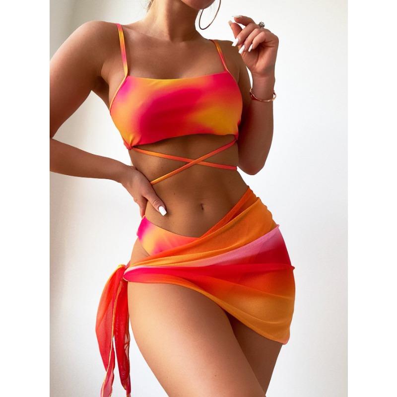 Tie-dye bikini swimsuit women's three-piece mesh skirt split bikini swimsuit