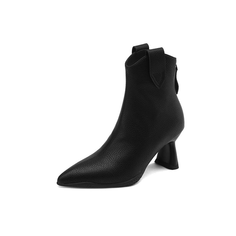 Jженские короткие сапоги на высоком каблуке пикантные осенне-зимние новые женские сапоги из воловьей кожи с острым носком 34 чёрный 8349₽