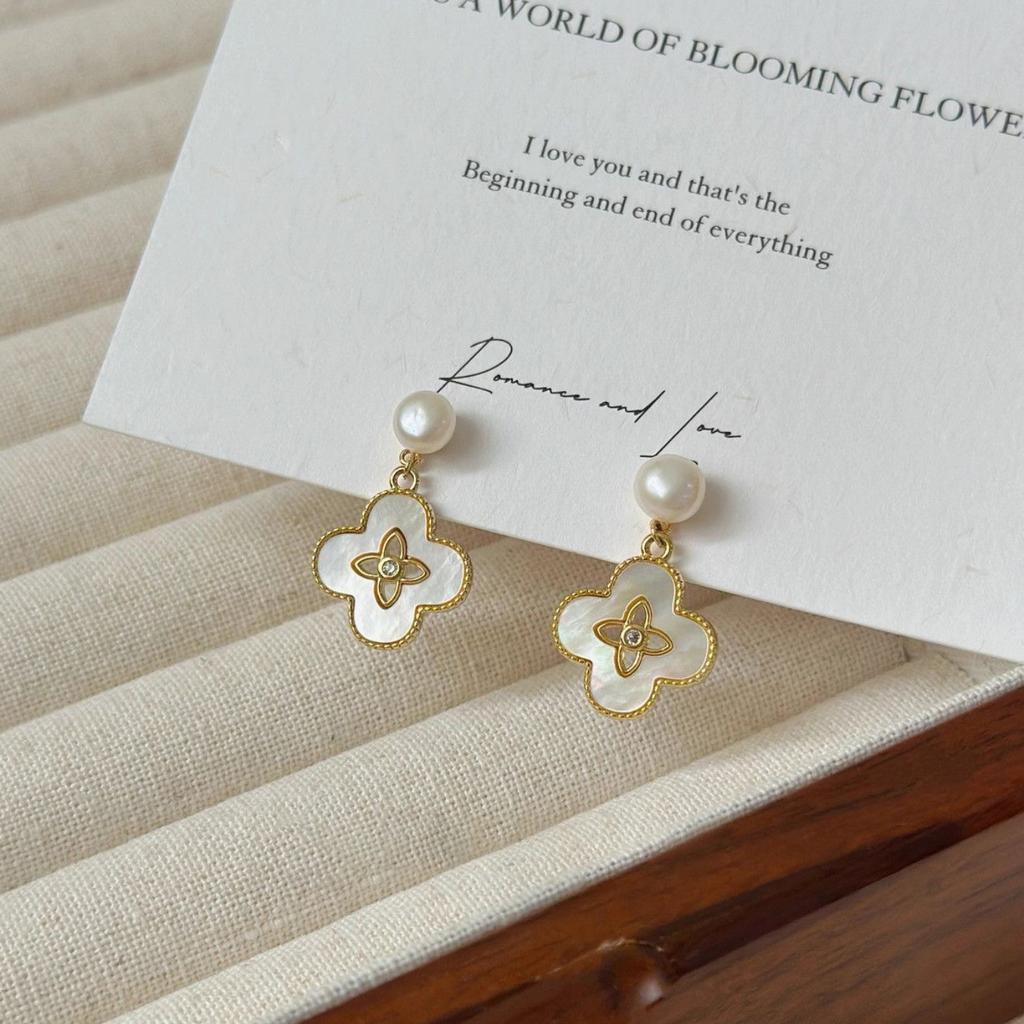Real Gold Electroplated Zircon Flower Pearl Stud Earrings Elegant Temperament Commuter Earrings Women