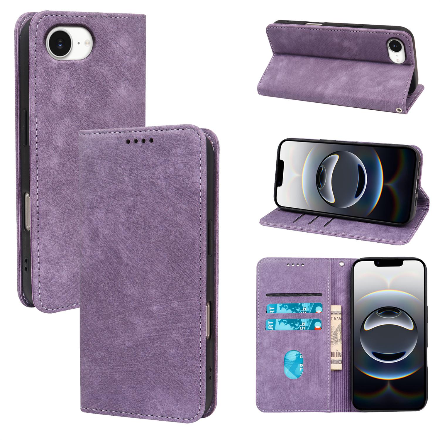 

For iPhone 16e Case Strong Magnetic Leather Wallet Phone Cover with Striped Texture Purple