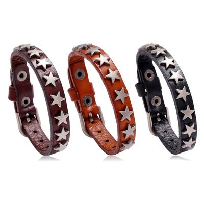 Vintage Leather Bracelet Alloy Star Wristband Wide Cuff Bracelets Jewelry Punk Rock Biker Bracelet for Women Men