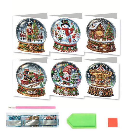 6 Pcs DIY Rhinestone Art Painting Cards Christmas Greeting Card Making Kit with Envelopes 5D Snowman Cat Deer Rhinestone