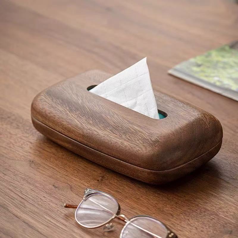 Walnut Tissue Box Cover - Modern Vintage Design, Premium Wood, for Desk & Bathroom Decor. Easy Refill, Polished Finish