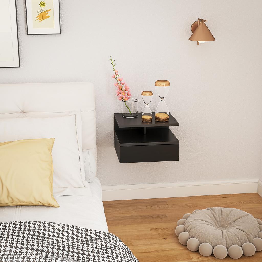 Wall-Mounted Nightstand for Bedroom with Drawer and Wooden Shelf, 35x32x22.5cm, Black