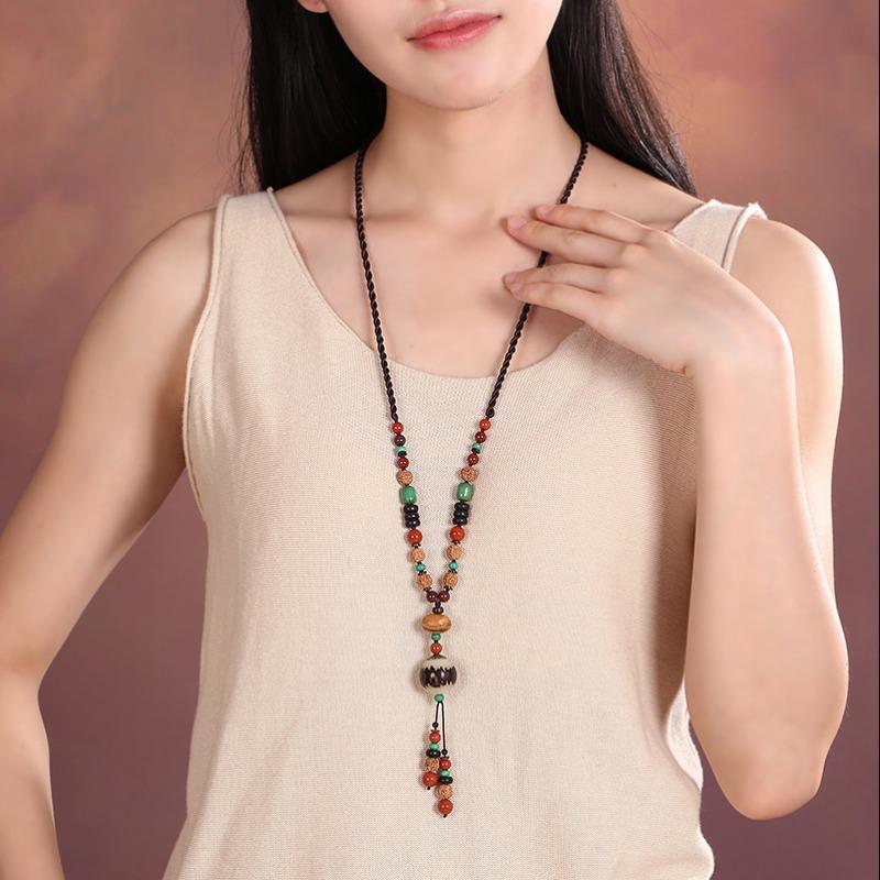 GEMCHIC Women's Vintage Ethnic Style Long Sweater Necklace with Bodhi Beads and Mixed Gemstone Pendant Autumn Winter Fashion Jewelry