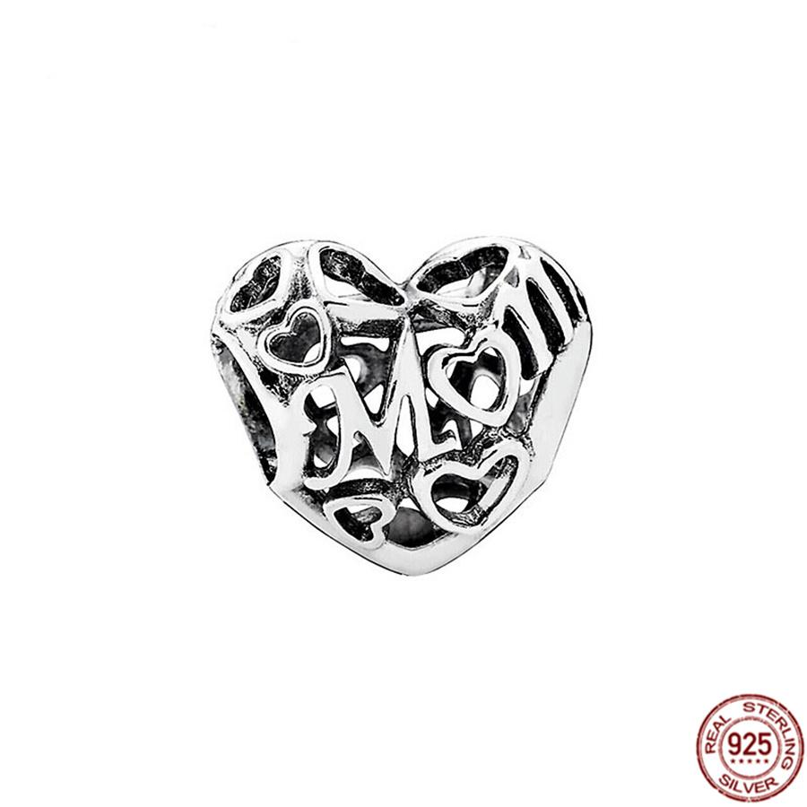 Fine S925 Sterling Silver Love You Mom Double Heart Split Dangle Charm Beads Fit Original  Bracelet DIY Women Jewelry Gift