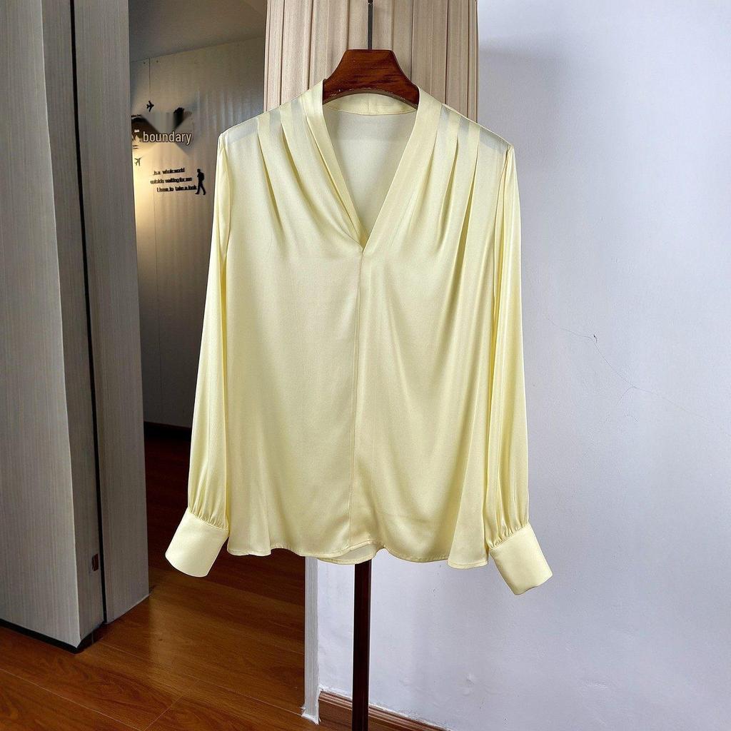 Women's Elegant V-neck Silk Pullover Shirt, Long Sleeve, Loose Fit, Slimming, Mulberry Silk, Perfect for Spring/Summer Commuting.