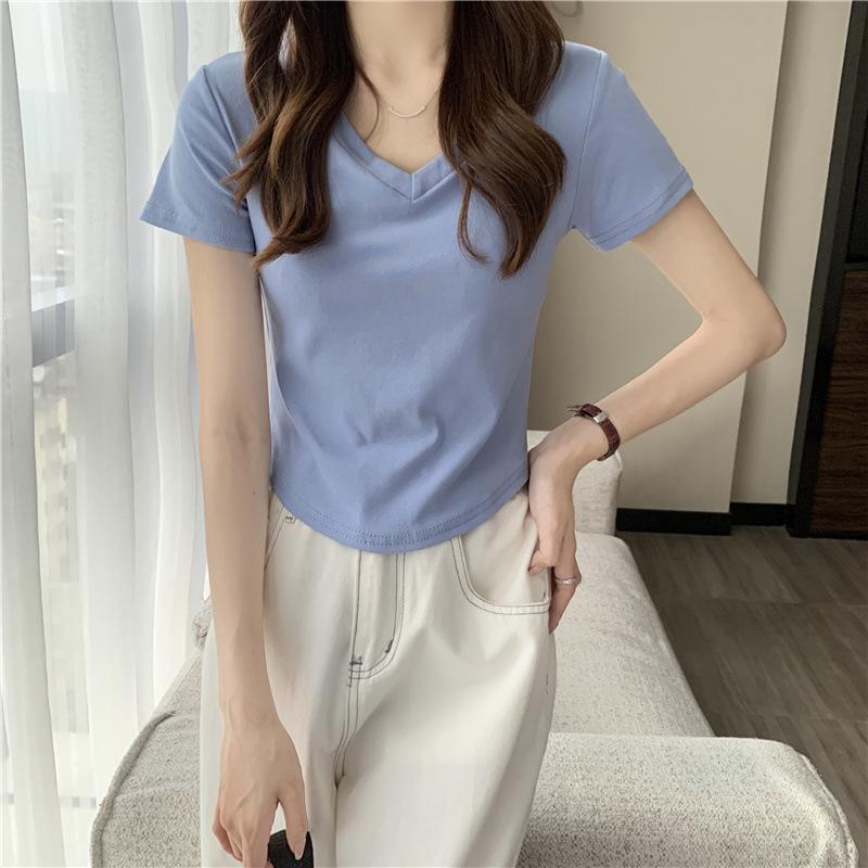 

GMXIA Летняя футболка Dopamine Wear с V-образным вырезом и короткими рукавами для женщин, тонкая, однотонная, базовая, нестандартная, короткая, топ-тренд XXL синий