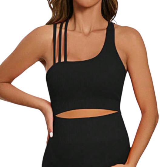 

Женский спортивный жилет Асимметричные бретели Мягкая плотная ткань Эластичные манжеты Средняя поддержка Бюстгальтер-жилет для йоги и тренировок Спортивная одежда S чёрный