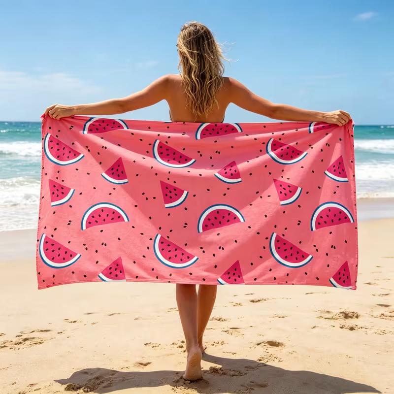 Cute Pink Watermelon Slice Beach Towel Juicy Summer Fruit Allover Print Sand Resistant Soft Towel Sweet Style Beach Towel