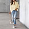 Camisa Feminina Lapela Manga Comprida Abotoamento Simples Tops de Camisa com Bolso de Patch Caimento Solto Respirável Tops de Escritório