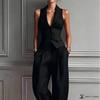 Women Two Piece Vest Pants Suit V Neck Sleeveless Button Waistcoat High Waist Pleated Wide Leg Trousers Business Office Outfit