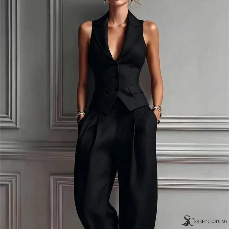 Women Two Piece Vest Pants Suit V Neck Sleeveless Button Waistcoat High Waist Pleated Wide Leg Trousers Business Office Outfit