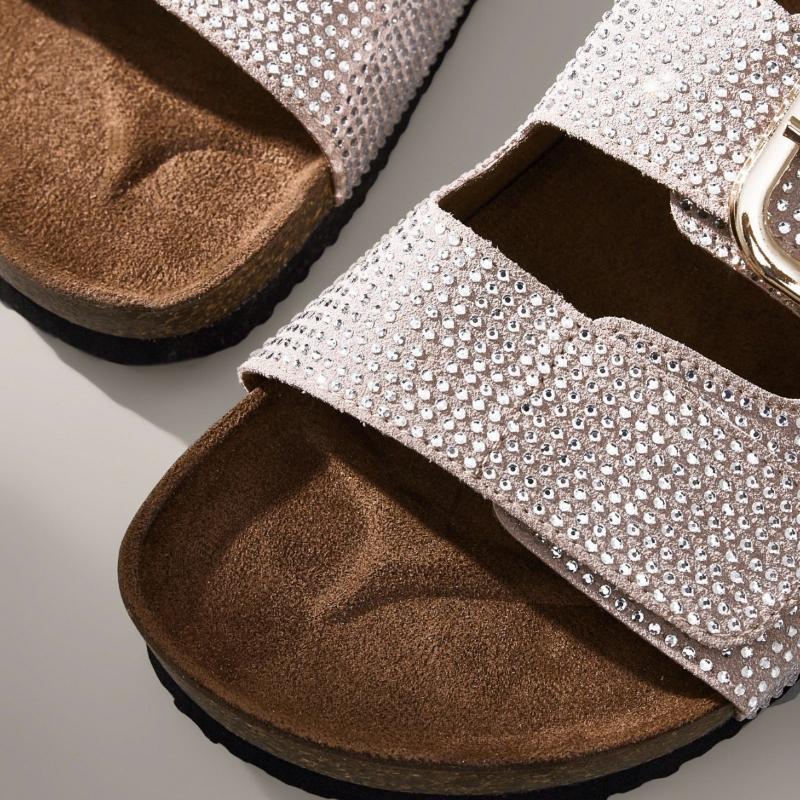 Fashion 2025 women's rhinestone metal buckle sandals with double straps and slip covers, comfortable casual shoes