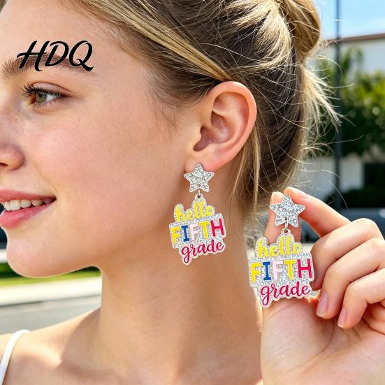 Fashionable Holiday Earrings 1 Pair Colorful Acrylic Letter Drop Dangle for Women Glitter Funny First Retro Style Jewelry Day of School Earring,