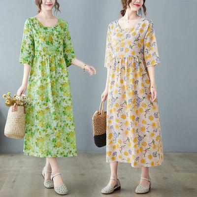 Yaz Yeni Edebi Büyük Beden Bol İnce Yuvarlak Yaka Beş Dakikalık Kol Yaş Küçültücü Kadın Elbiseleri