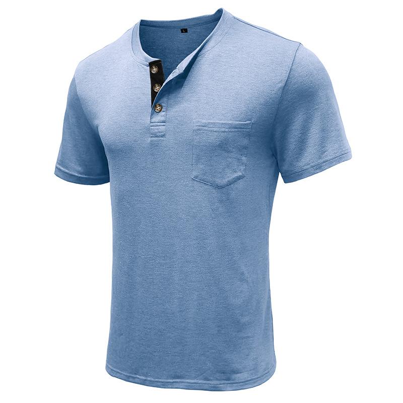 European and American Style Men’s Summer Top Short Sleeve T-shirt Solid Buttoned Round Neck Henley Shirt