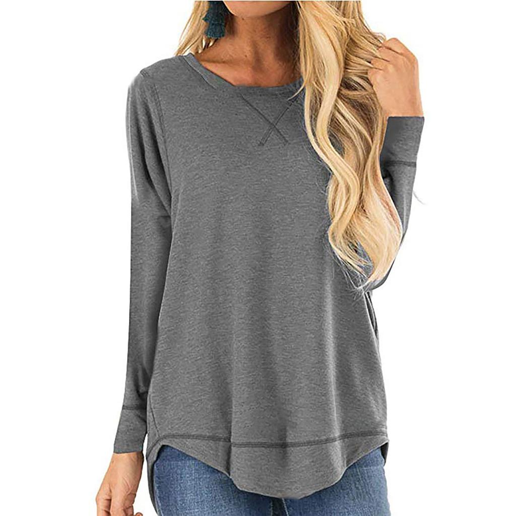 Women's Casual Long Sleeve T Shirt Loose Fit Crew Neck Irregular Hem Front Short Back Long Lightweight Pullover Top