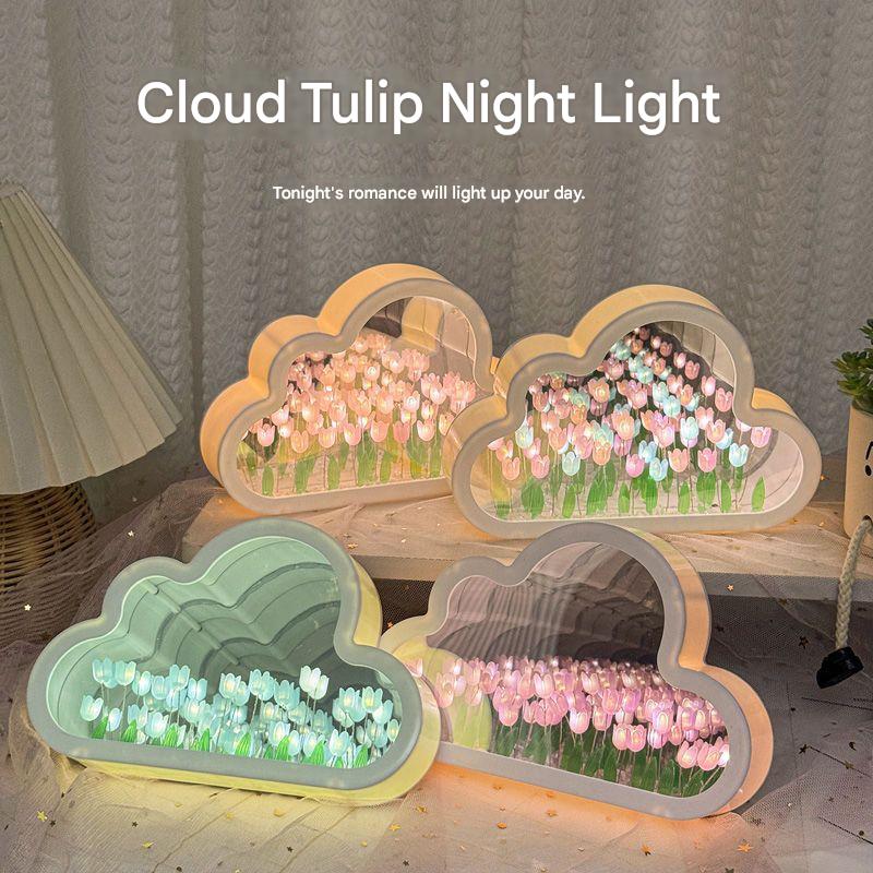 Creative Cloud Tulip Night Light DIY Handmade Mirror Flower Sea Atmosphere Lamp Desktop Decoration Birthday Holiday Gift