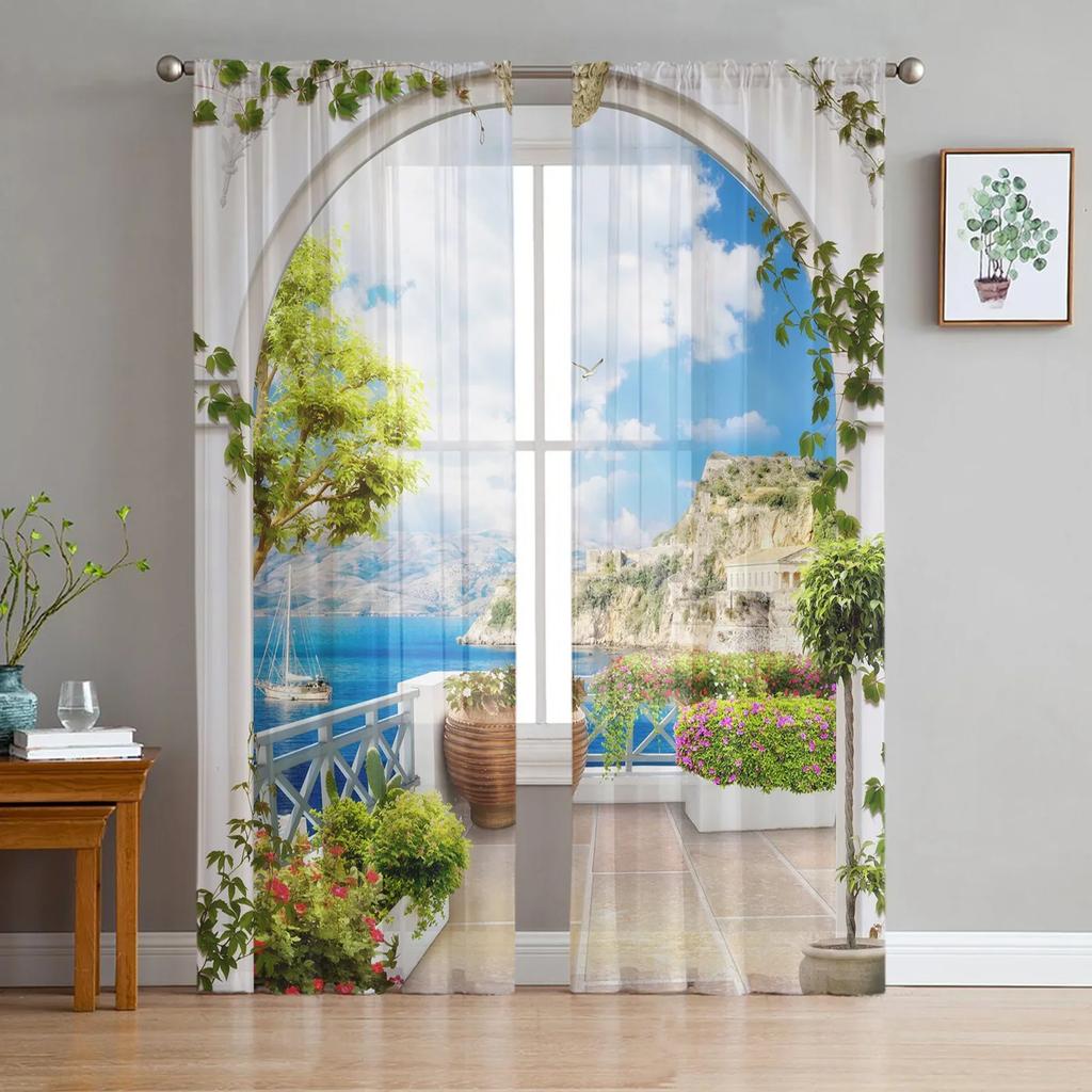 Window Sea Sailing Scenery Sheer Curtains Living Room Window Tulle Curtains For Bedroom Kitchen Home Decoration Voile Drapes