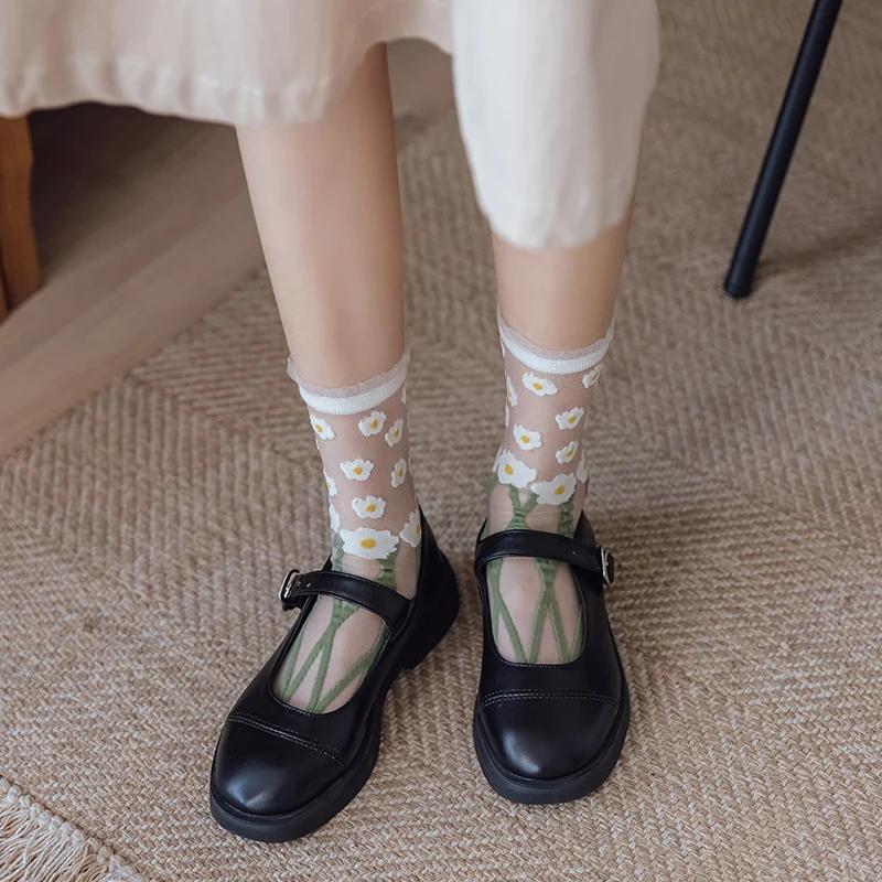 Chaussettes Sexy Coréennes en Dentelle Fleurie en Soie de Verre Marée Nouveauté Harajuku Rétro Chaussettes en Soie Cristal Ultra-fines Transparentes Longues