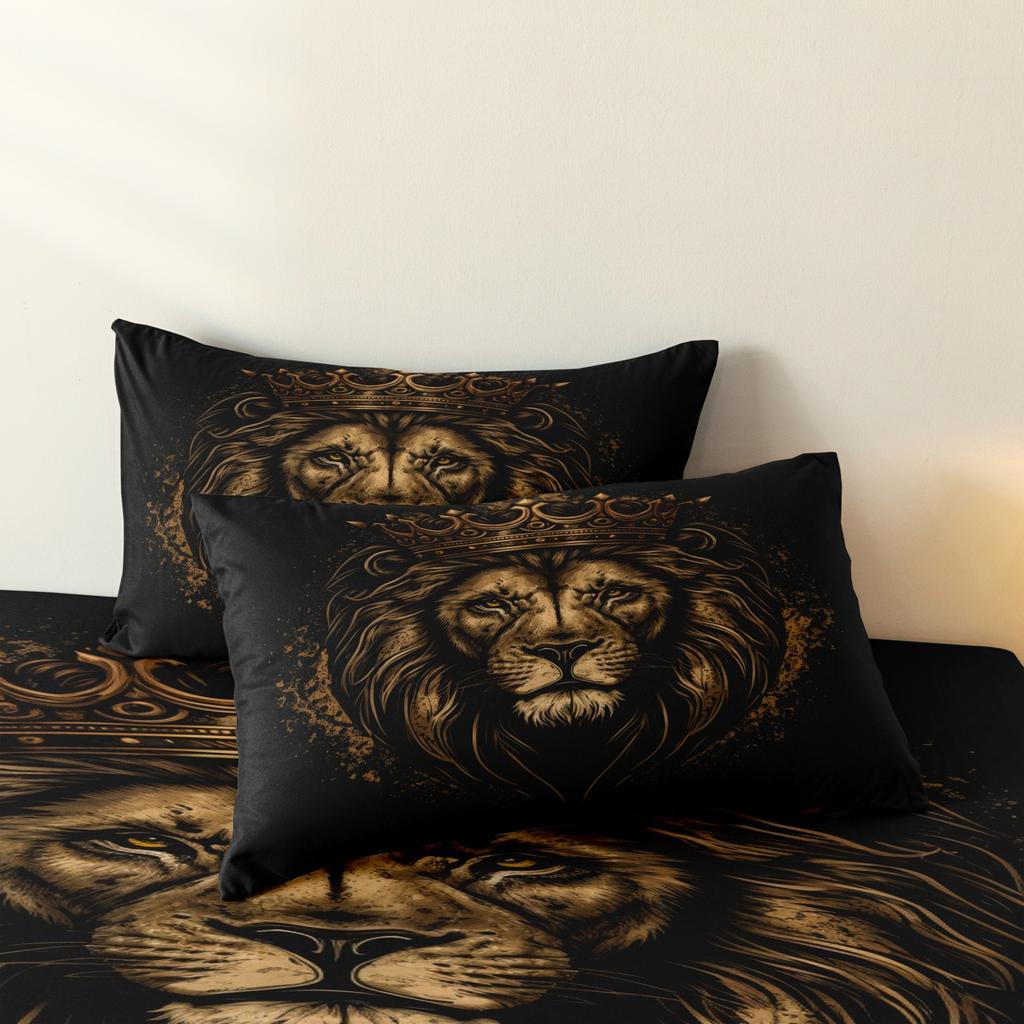 3Pcs Stylish Lion King Crown Print Duvet Cover Set, Animal Print Bedding, For Family Bedrooms Dormitories Hotels