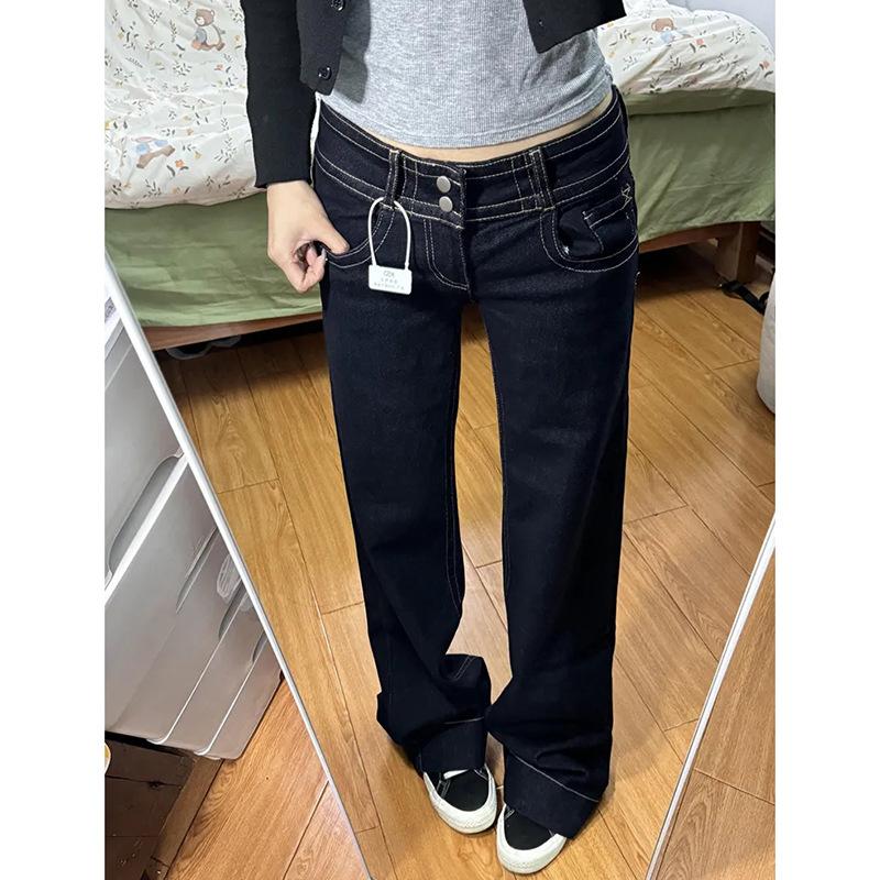 Women's High Waist Straight Leg Jeans Loose Denim Pants Japanese Street Style Trousers With Double Button Design