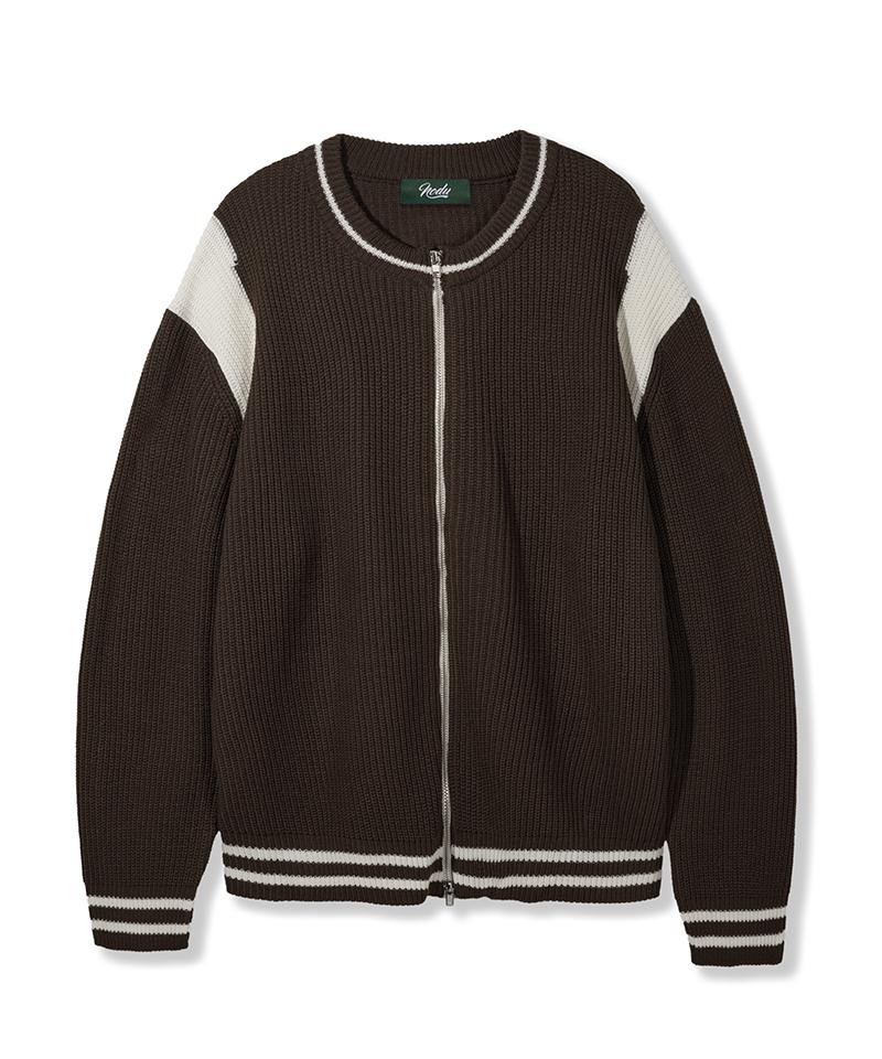 Nodu Varsity Two-Way Zip-Up Knit [Brown]