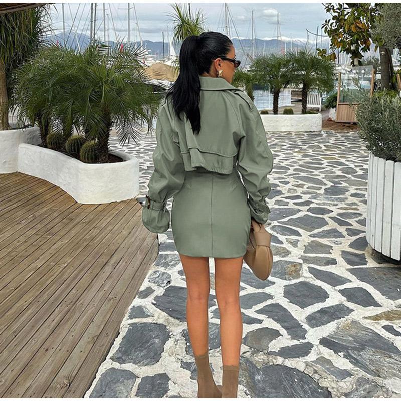 Lapel Trench Short Coat Jacket Wrap Hip Skirt Set Breasted Vintage British Style Women's Workwear Overcoat Short Skirts Sets