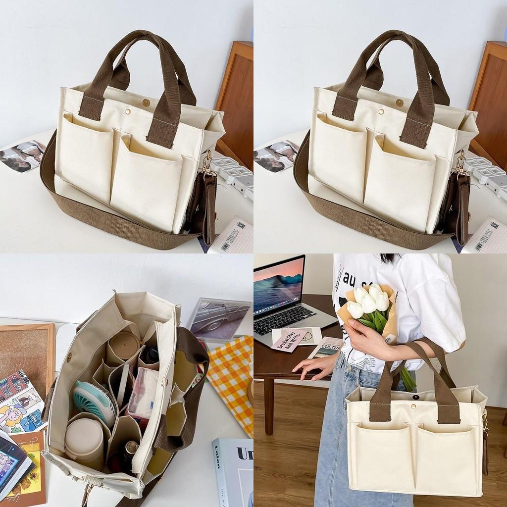 Stylish Canvas Tote Bag For Women In Cream Color With Multi Pocket Design For Everyday Use