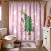 4pcs Pink Romantic Christmas Tree Print Bathroom Set 180x180 Waterproof Shower Curtain, Floor Mat, Toilet Mat U-shaped Pad