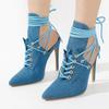 Fashion Fashion Blue Denim Cross Strap High Top Cool Boots European American Ankle Hollow Out Sexy Strap Pointed Party Sandals Size 43