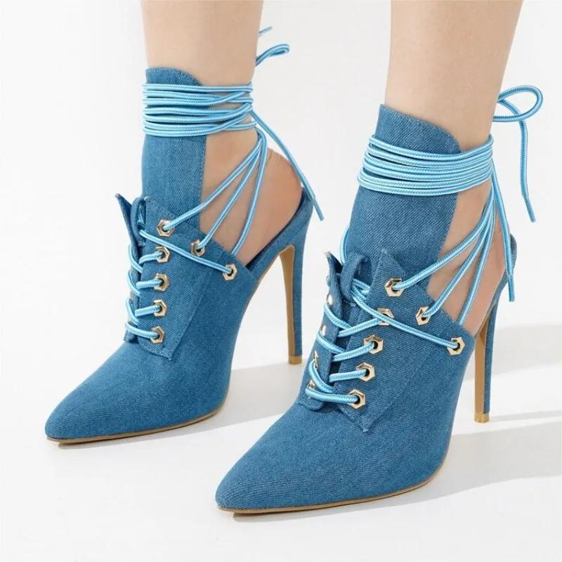 Fashion Fashion Blue Denim Cross Strap High Top Cool Boots European American Ankle Hollow Out Sexy Strap Pointed Party Sandals Size 43