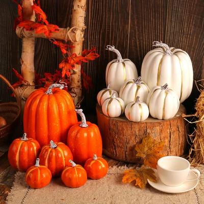 7Pcs Large Foam Artificial Pumpkins - Fake Vegetable Props Great for Autumn Thanksgiving & Halloween House Party Decorations