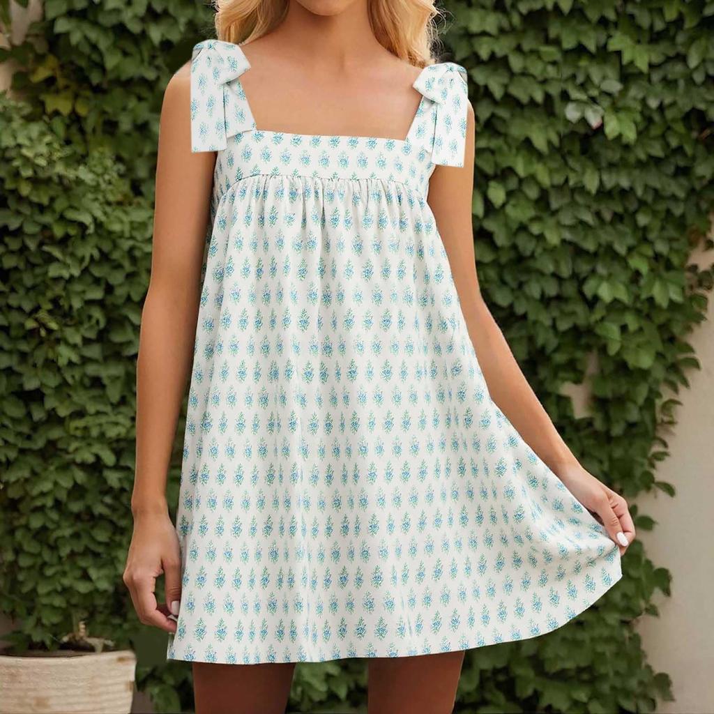 Dámské šaty s květinovou mašlí, roztomilé čtvercové výstřih, volné plážové minišaty, odhalená záda, bohémské letní šaty