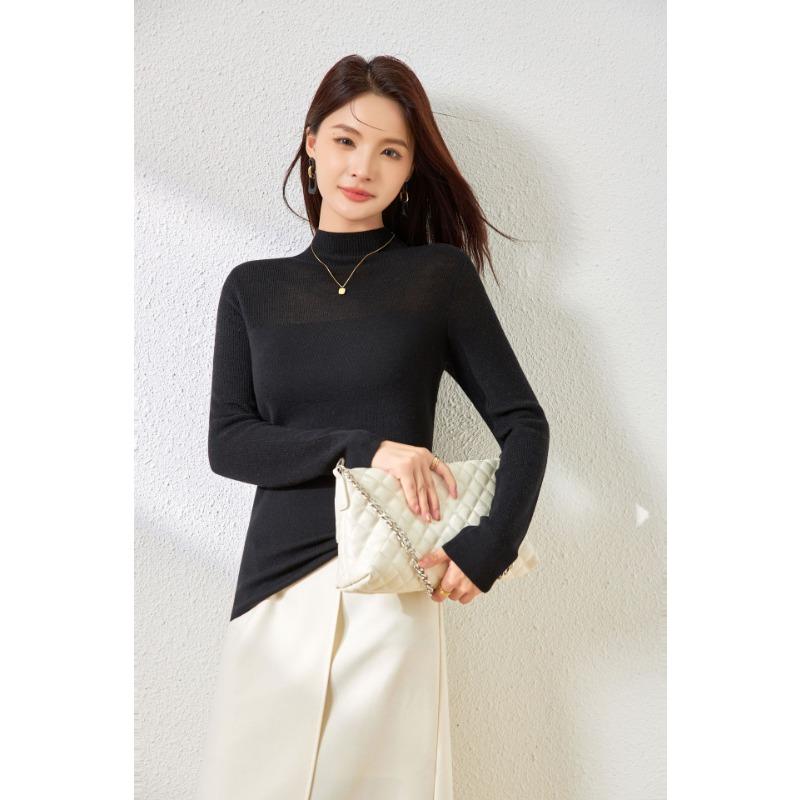 Early Autumn New Micro-transparent Thin Semi-turtleneck Knitted Sweater Silk Wool Blended Bottom with Long-sleeved Top
