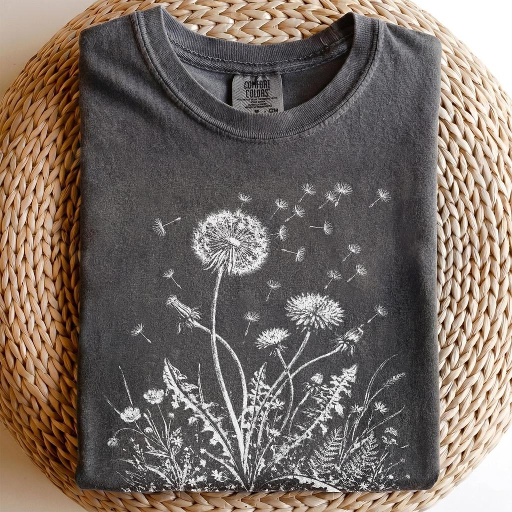 Vintage Dandelion Shirt, Wildflower Tee, Botanical Nature T-Shirt, Seeds Blowing In Wind Graphic Top