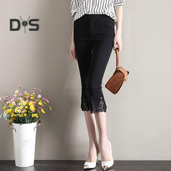 Dámské zkrácené kalhoty, jednobarevné, vysoce elastické, letní, rozšířené kalhoty, krajkové prošívání, těsné legíny s kapsami