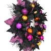 Halloween Front Door Wreath, Artificial Floral Wreath with Black Purpler Leaves Hanging Decoration for Front Door Entryway Wall