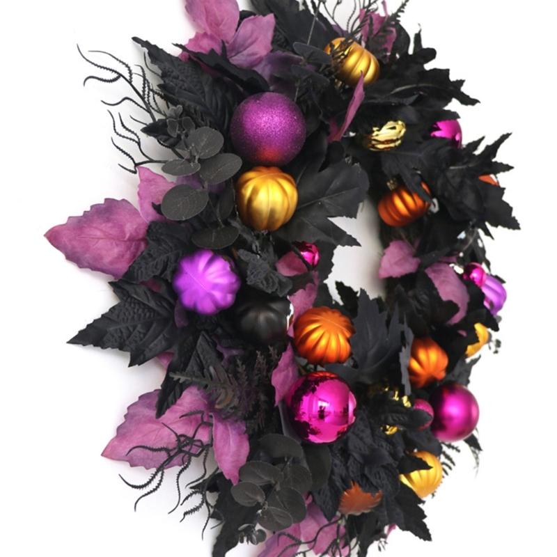 Halloween Front Door Wreath, Artificial Floral Wreath with Black Purpler Leaves Hanging Decoration for Front Door Entryway Wall