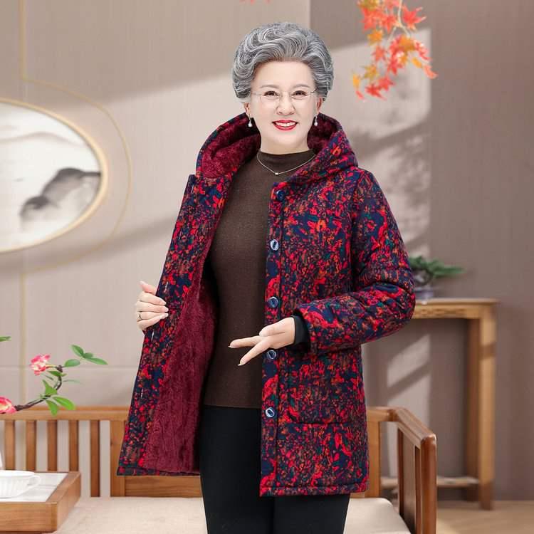 Velvet-Lined Hooded Cotton Coat for Middle-Aged & Elderly Women, Plus Size, Printed Design, Comfortable & Stylish 2XL фиолетовый