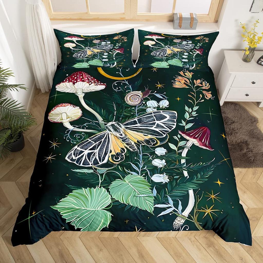 Flowers Moth Butterfly King Queen Duvet Cover Trippy Mushroom Bedding Set Moon Starry Sky Quilt Cover Polyester Comforter Cover