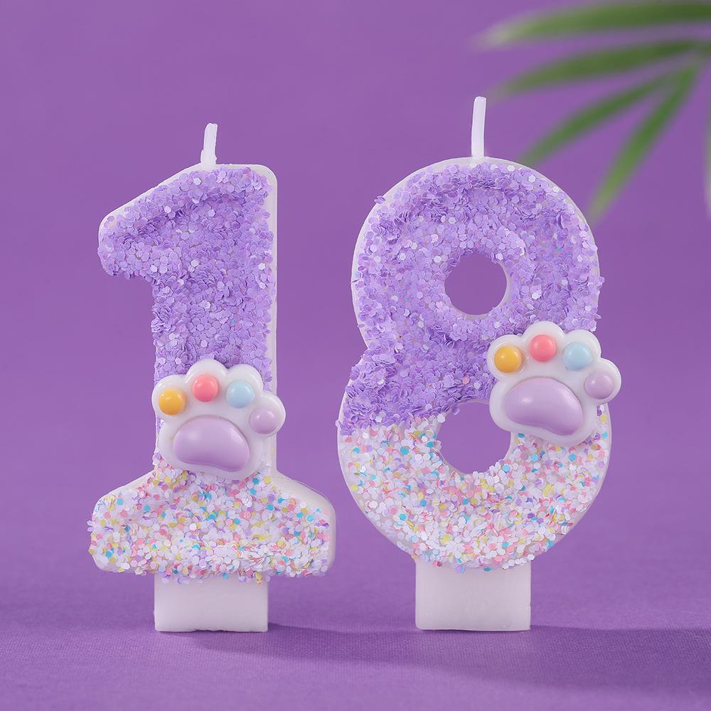 Dreamy Purple Gradient Cat Paw Number Candles - Creative Cartoon Cake Decorations