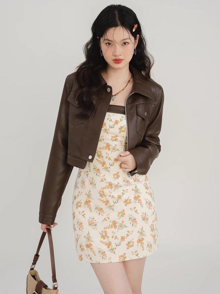 Americký vintage sladký horký dívčí styl kávové barvy dámská kožená bunda podzim nový designový smysl krátká motorkářská bunda top